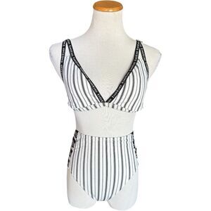 Womens Bebe Jeans Pinstripe Cutout Bikini Swimsuit Bathing Suit  - Sz L